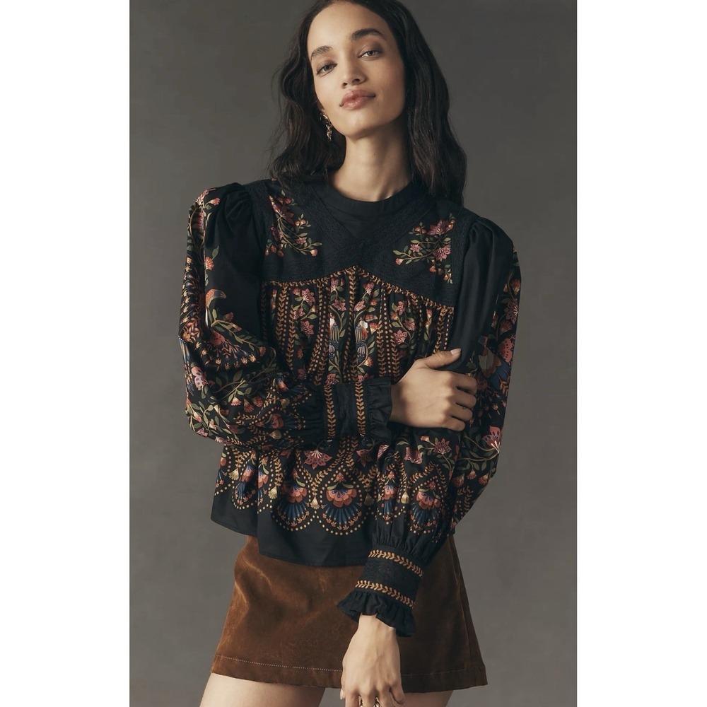 Farm Rio XL Bird Floral Lace Yoke Long Sleeve Boho Blouse - Picture 1 of 14